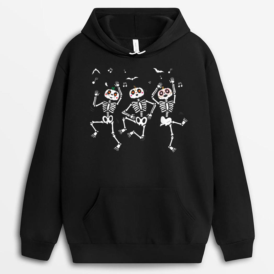 Dancing Skeletons With Sugar Skull Pumpkins and Music Notes T-Shirt