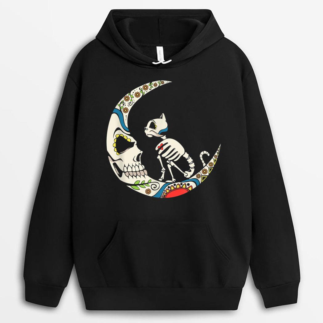Dia De Los Muertos Crescent Moon And Cat Sugar Skull T-Shirt