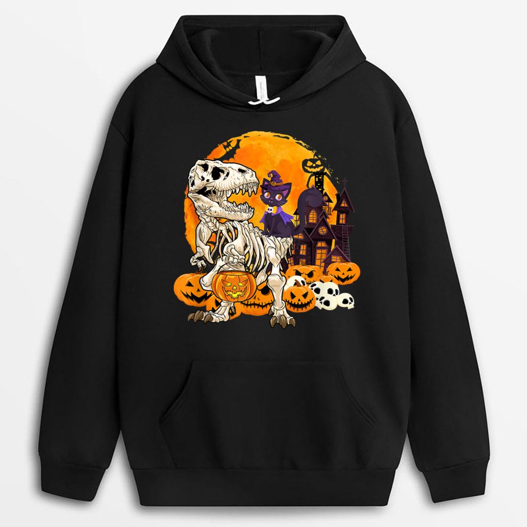 Dinosaur Skeleton Pumpkin With Moon Halloween Cat Witchy T-Shirt