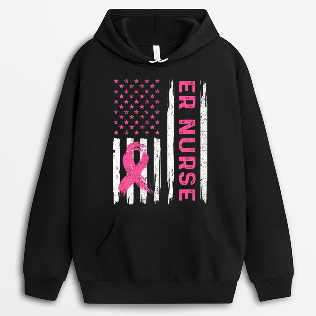 ER Nurse American Flag Nurse Breast Cancer Awareness T-Shirt