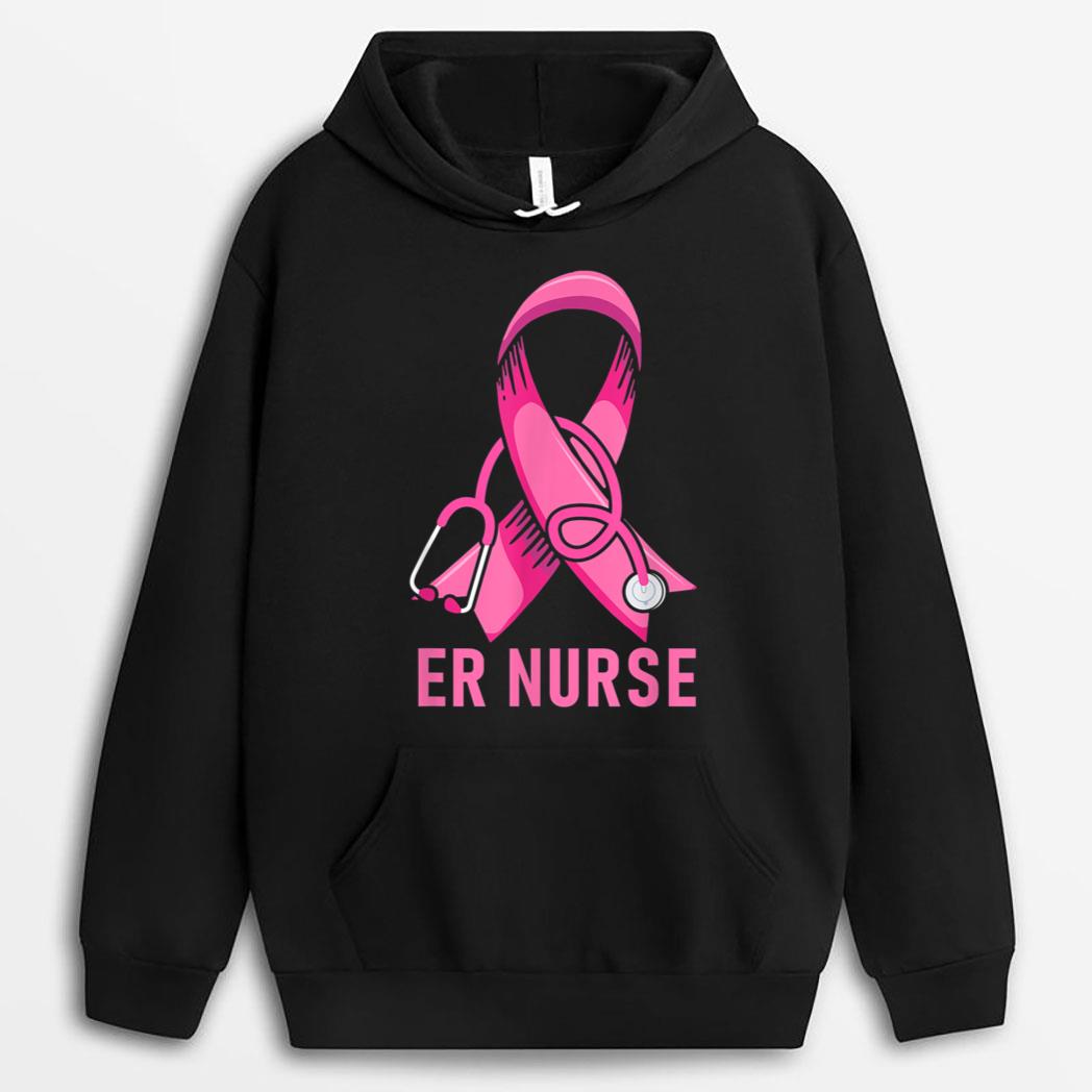 ER Nurse Life Stethoscope Pink Ribbon Heart Breast Cancer T-Shirt