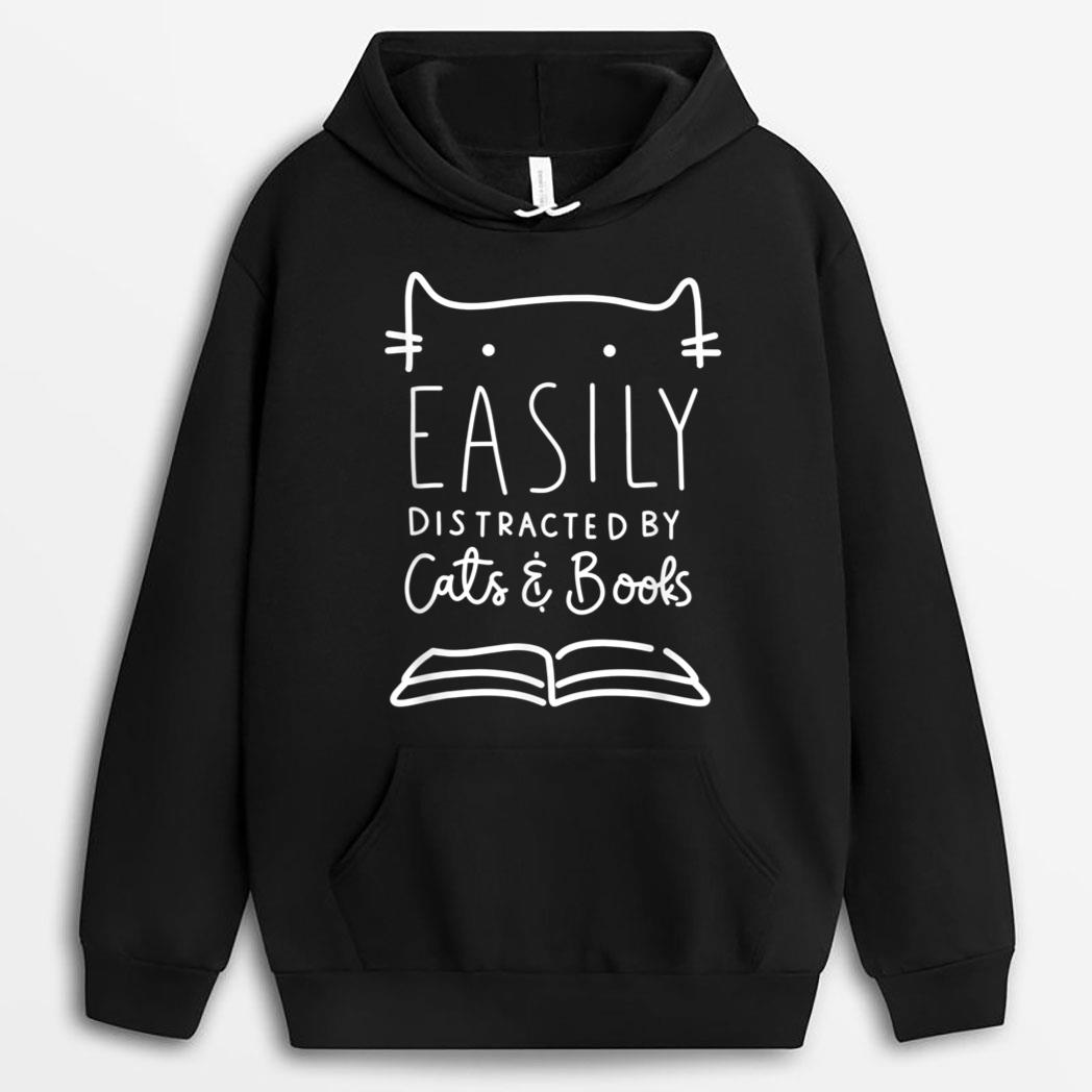 Easily Distracted-Cats And Books Funny Gift For Cat Lovers T-Shirt