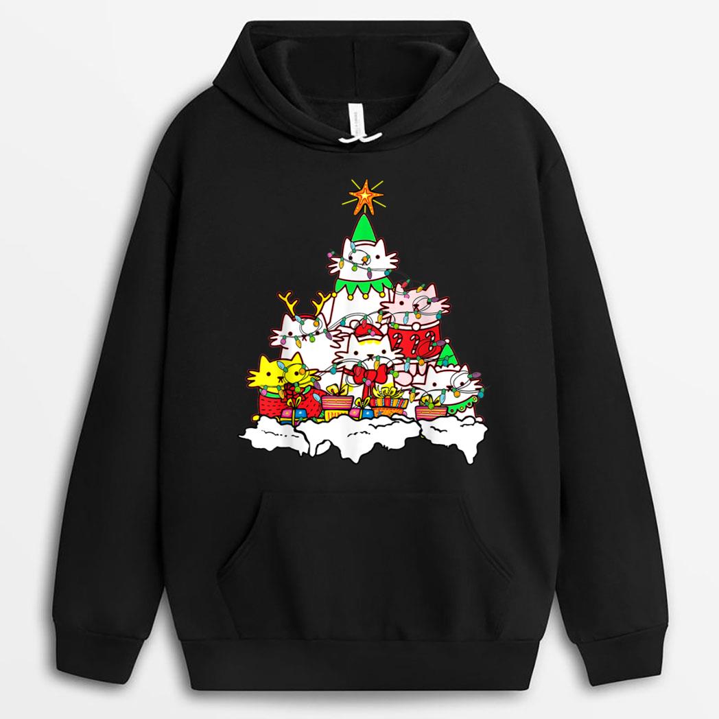 Funny Cat Christmas Tree Lights Costume Matching Pajama Gift T-Shirt