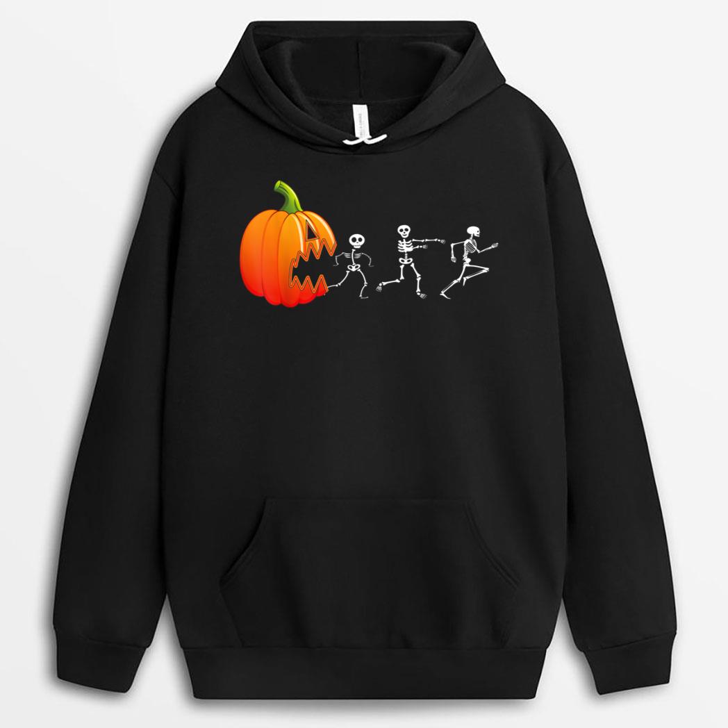 Funny Halloween Pumpkin JackoLantern Eating Chasing Skeleton T-Shirt