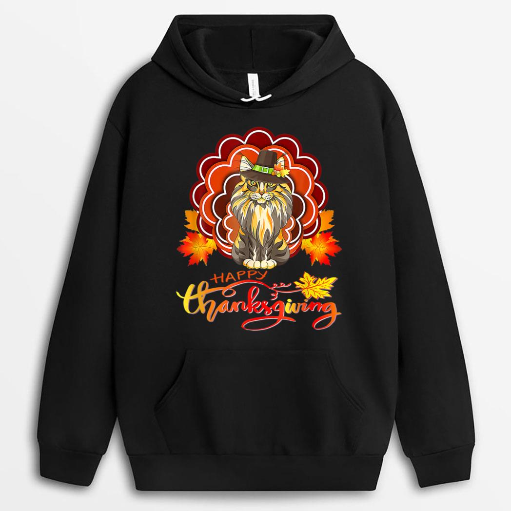 Funny Maine Coon Cat Urkey Happy Hanksgiving T-Shirt
