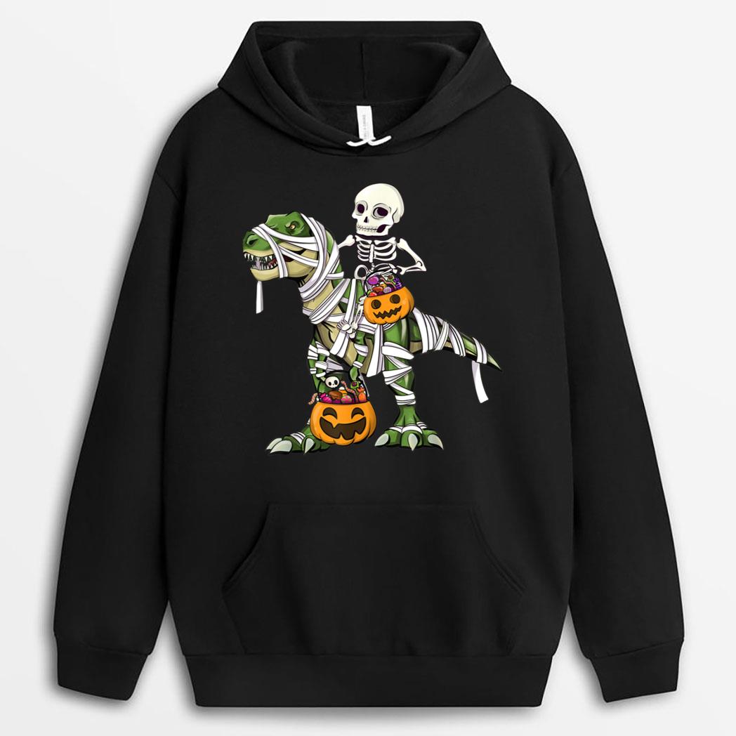 Funny Mummy Dinosaur Trex Halloween Riding Skeleton Pumpkin T-Shirt