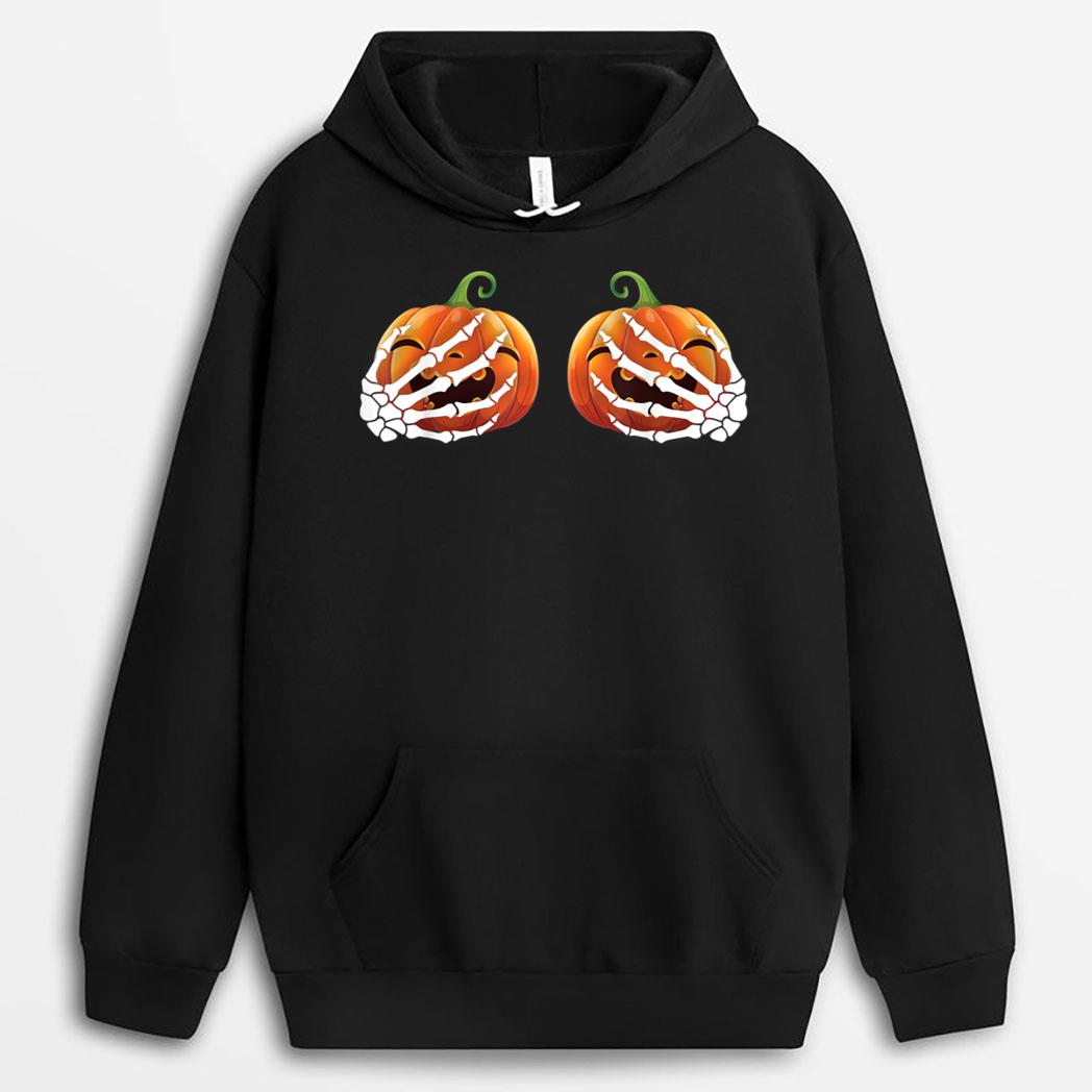Funny halloweenkeleton Hands Holding Cute Pumpkins Boobs T-Shirt